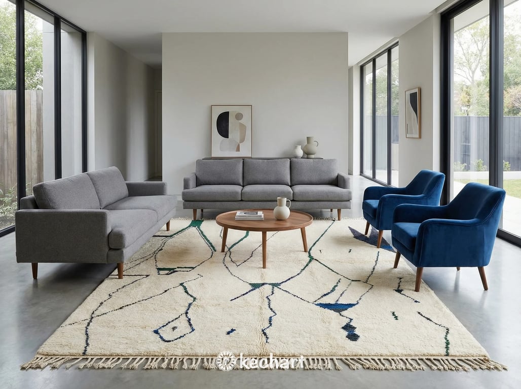Handwoven made-to-order Beni Ourain rug adding texture to a mid-century modern lounge area with leather furniture and wood elements.