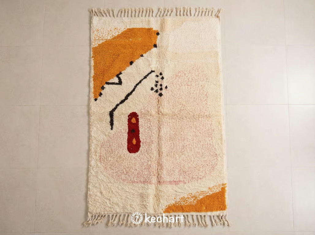 Custom Beni Ourain Moroccan wool rug featuring vibrant crimson red, orange tangerine, chocolate brown, and warm cream geometric diamond patterns with traditional fringe.