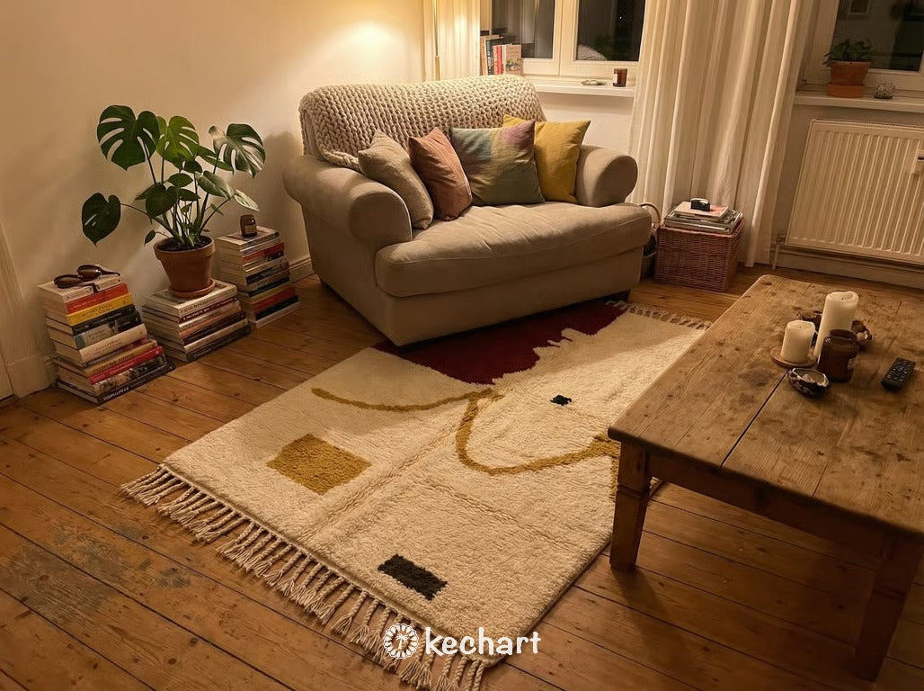 Custom Size Beni Ourain Rug - Handwoven Geometric Wool, Earth Tones & Red