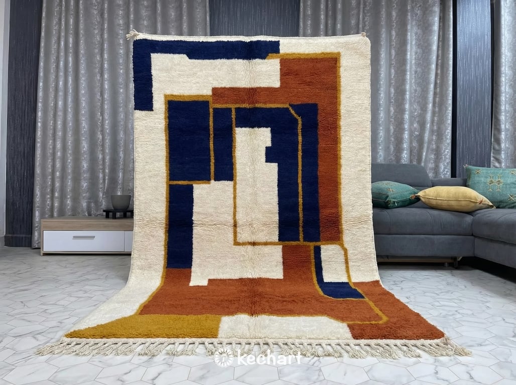 Custom Beni Ourain Rug - Made to Order Moroccan Wool with Rust & Navy Geometrics