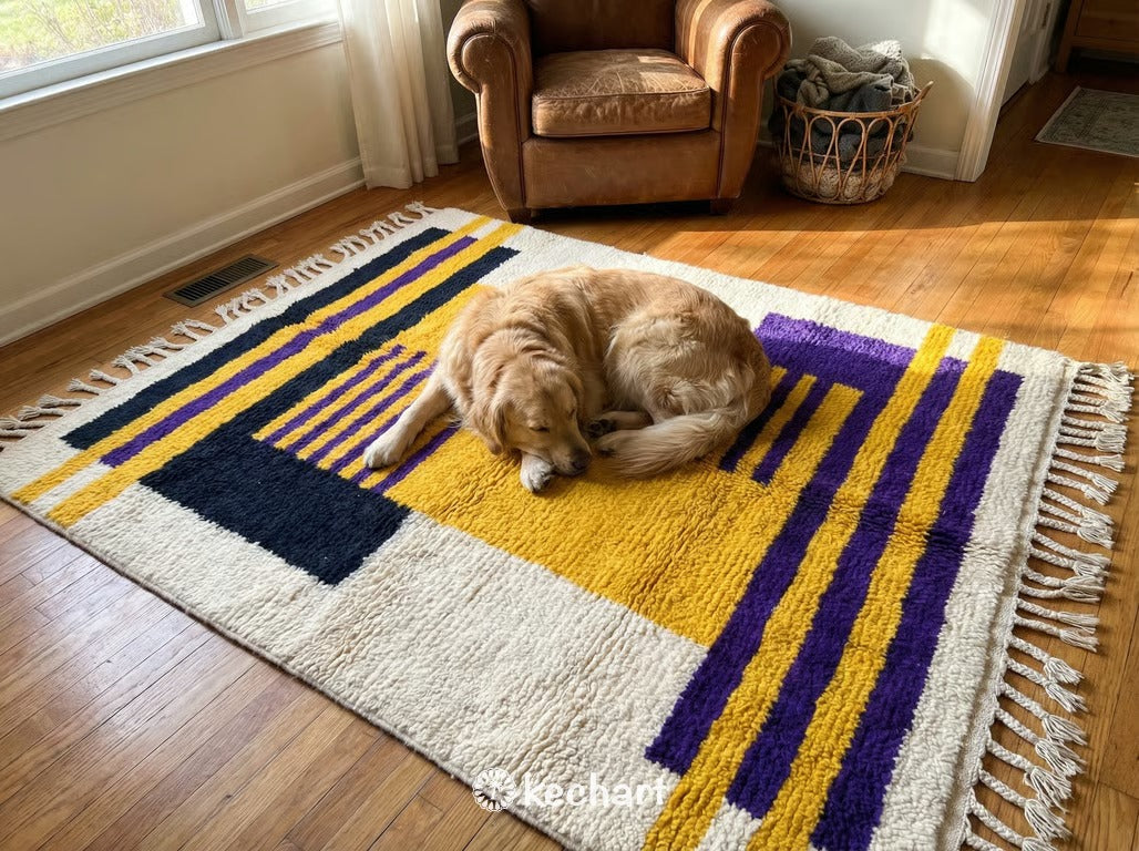 Custom Beni Ourain Rug - Handwoven Wool, Night Sky & Sunflower Diamonds