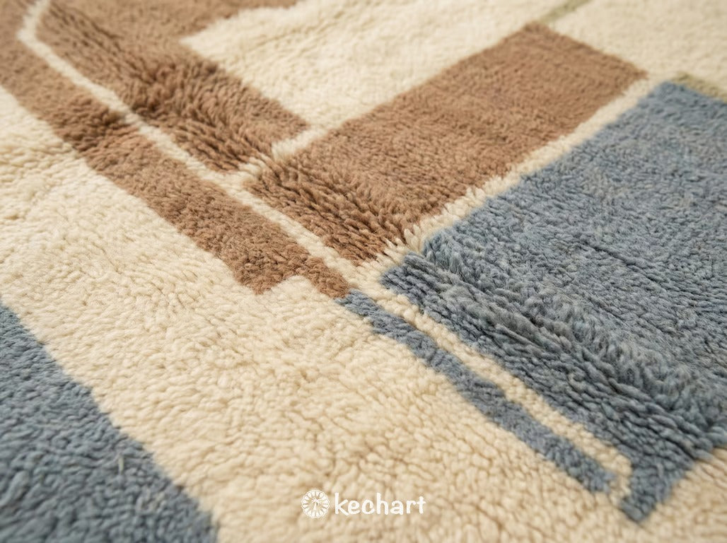 Custom Beni Ourain Moroccan Rug - Sand & Dusty Blue Geometric Wool Area Rug