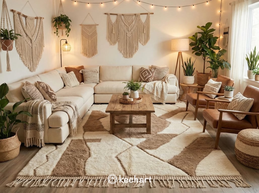 Minimalist living room featuring a large, custom-sized cream and greige Beni Ourain area rug under a linen sofa and wooden coffee table.