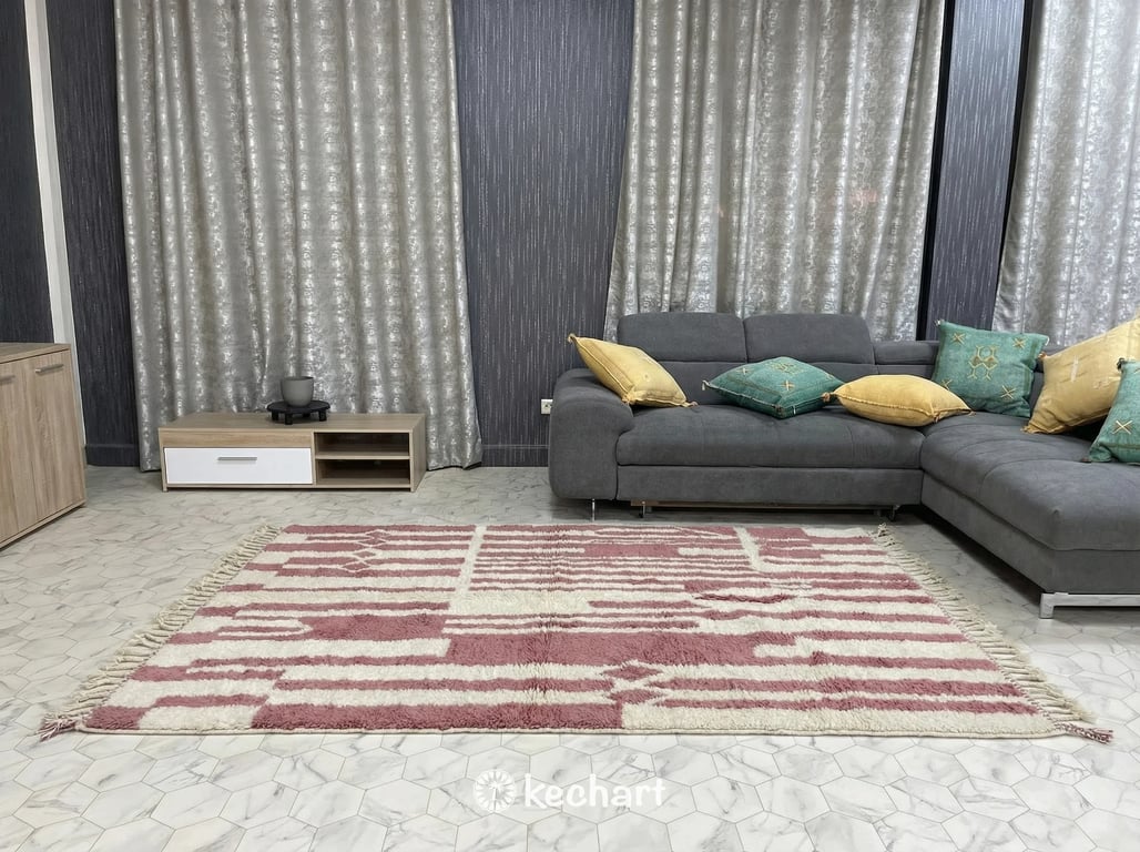 Close-up detail shot of hand-knotted Atlas Mountain wool pile, showing the thick shaggy texture and color variation between the cream base and slate rose diamonds.