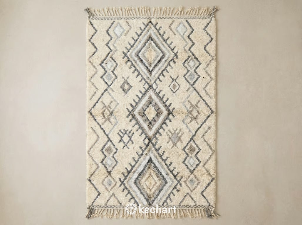 Custom Size Grey Beni Ourain Moroccan Rug flat lay, featuring handwoven plush wool with slate and silver grey zigzag mountain pattern and traditional fringe.