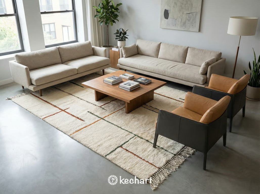 Plush made-to-order Moroccan shag rug in a warm earth tone palette anchoring a bohemian modern living room with a neutral linen sofa and organic wooden coffee table.