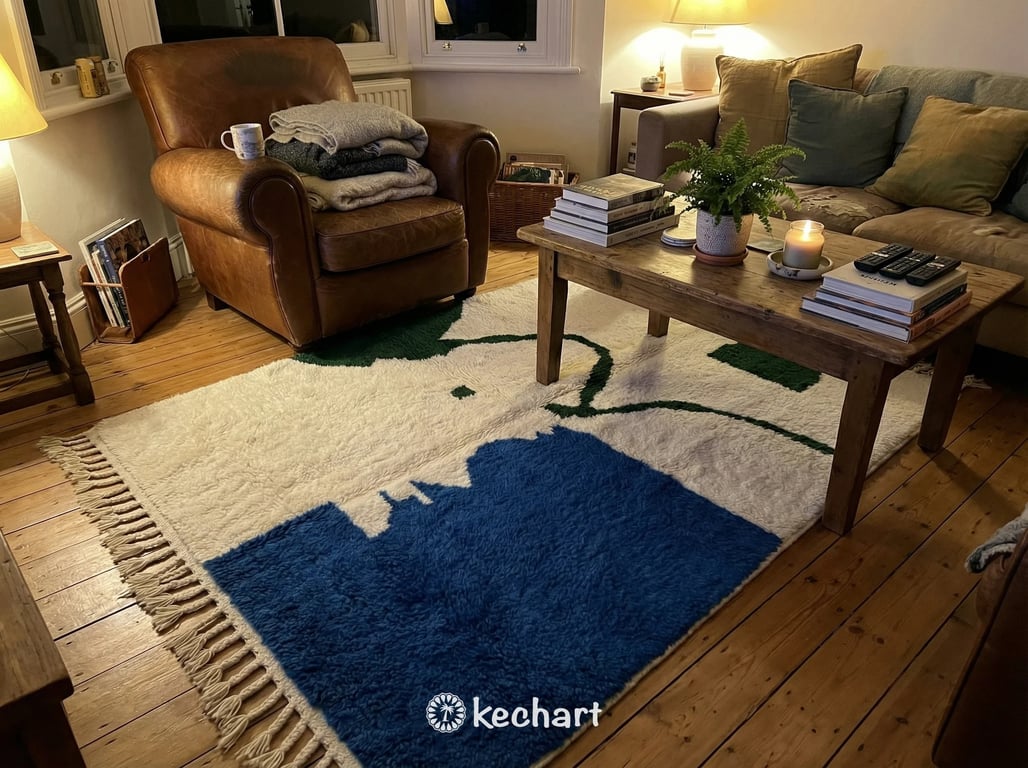 Custom Size Beni Ourain Rug - Handwoven Moroccan Wool in Cream, Blue & Green