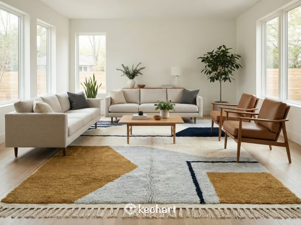 Large custom Moroccan shag rug in a bohemian living room setting, anchored under a velvet sofa and coffee table, highlighting the deep wool pile.