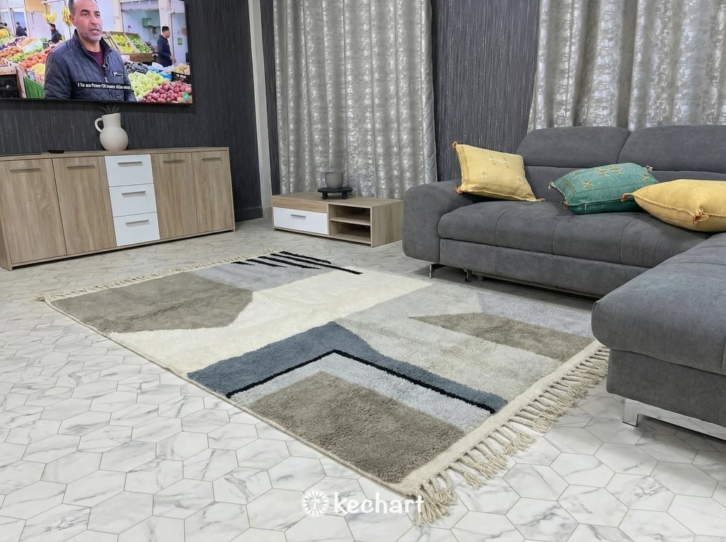 Detail shot highlighting the handwoven quality and natural wool fibers of a made-to-order grey Beni Ourain rug from the Atlas Mountains.