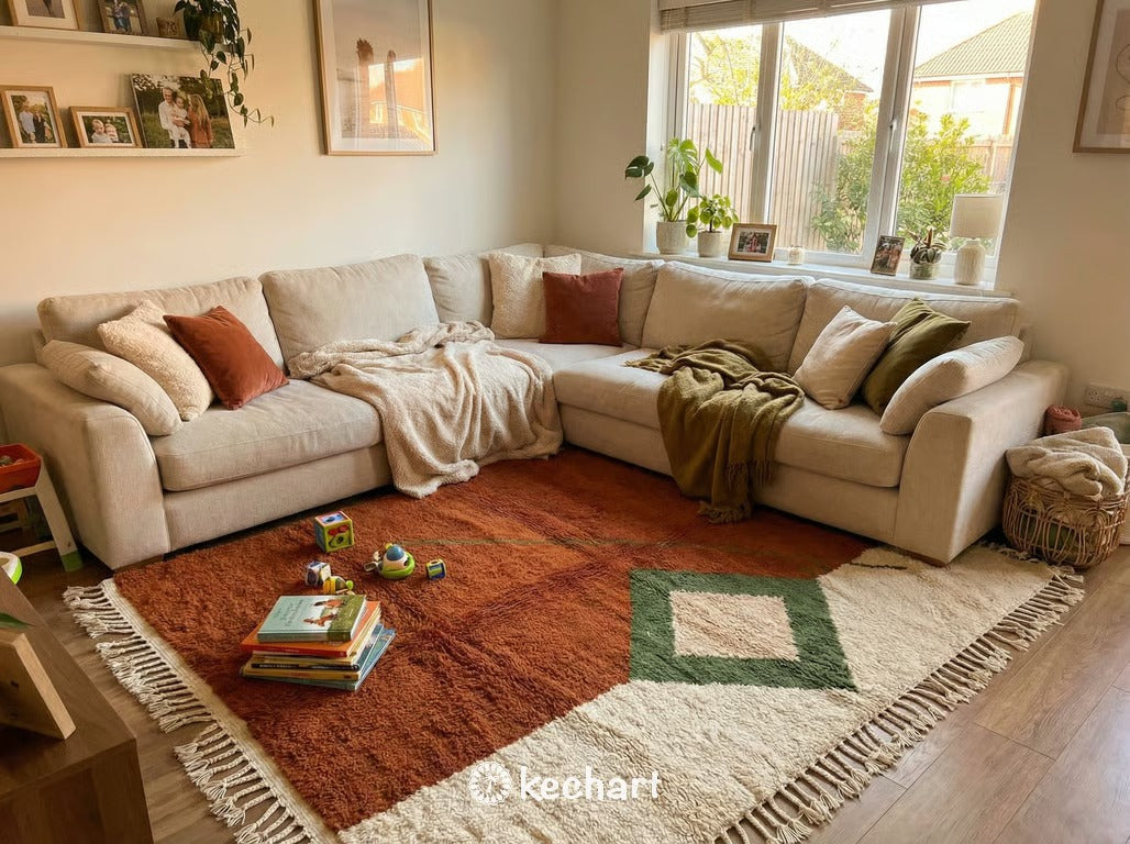 Custom Size Beni Ourain Rug - Handwoven Moroccan Wool, Rust & Beige Diamonds