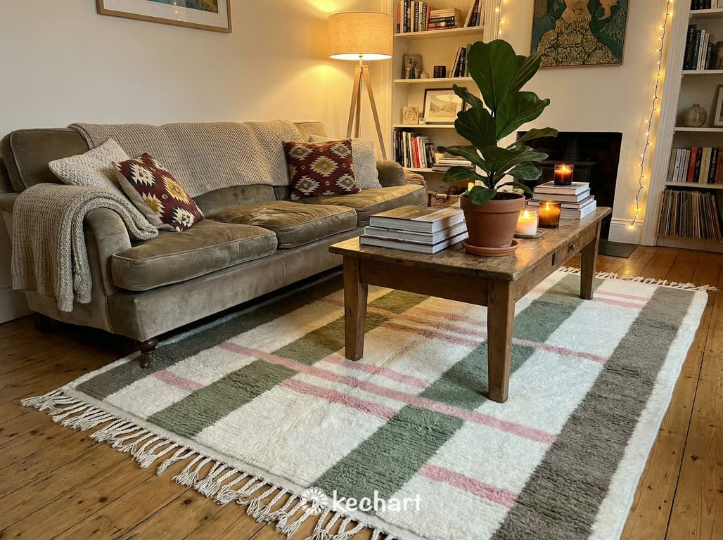 Custom Beni Ourain Rug - Made to Order Sage Green & Pink Diamond Wool Rug