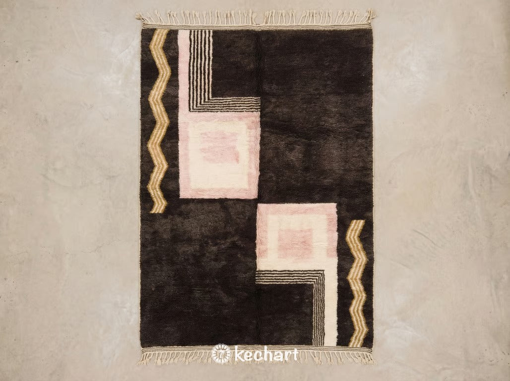 Custom Made Beni Ourain Moroccan Rug flat lay showing plush wool texture, geometric diamond pattern in warm earth tones of sierra, saffron, sandy beige, and leather brown with traditional fringe.