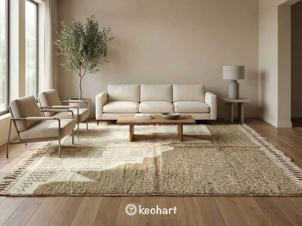 Plush Moroccan Beni Ourain Area Rug in a Modern Bohemian Living Room, Cream and Khaki Wool Texture Anchoring a Neutral Sofa