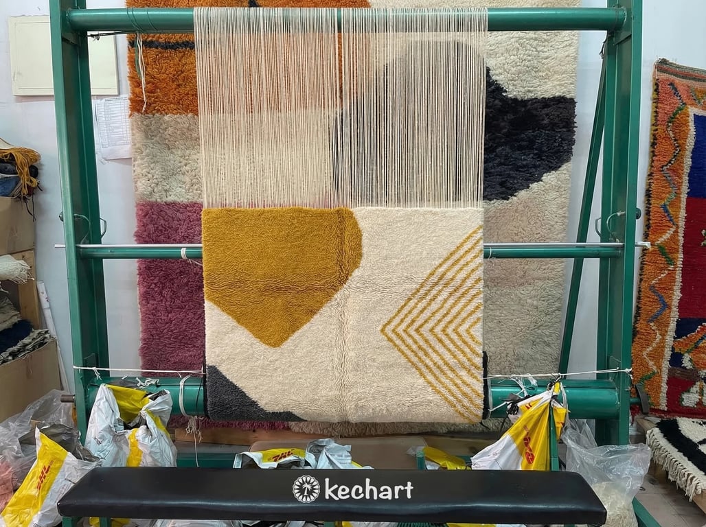 Handwoven Custom Beni Ourain Rug - Natural Cream & Curry Yellow Wool