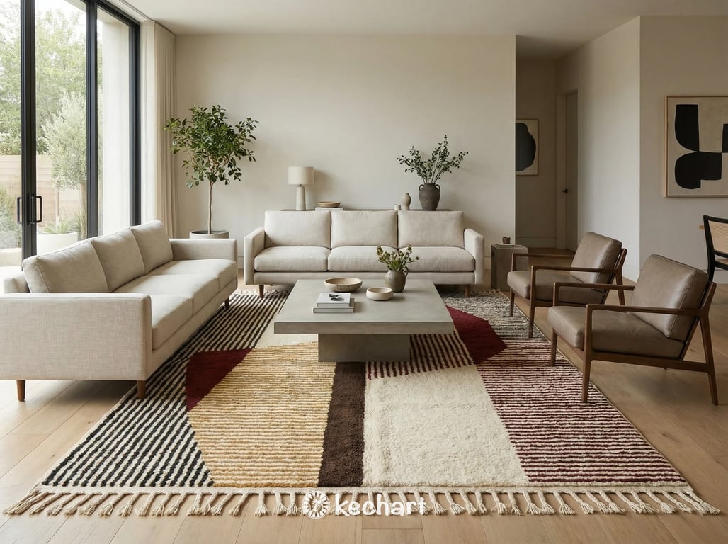 Plush shaggy Beni Ourain rug in oxblood red and beige placed under a bed in a cozy, bohemian style master bedroom.