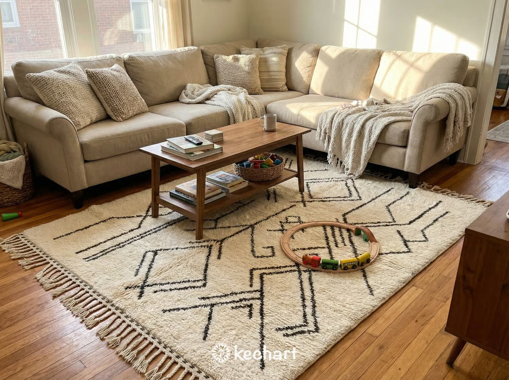Custom Size Beni Ourain Rug - Handmade Moroccan Wool, Cream & Beige Diamond Pattern