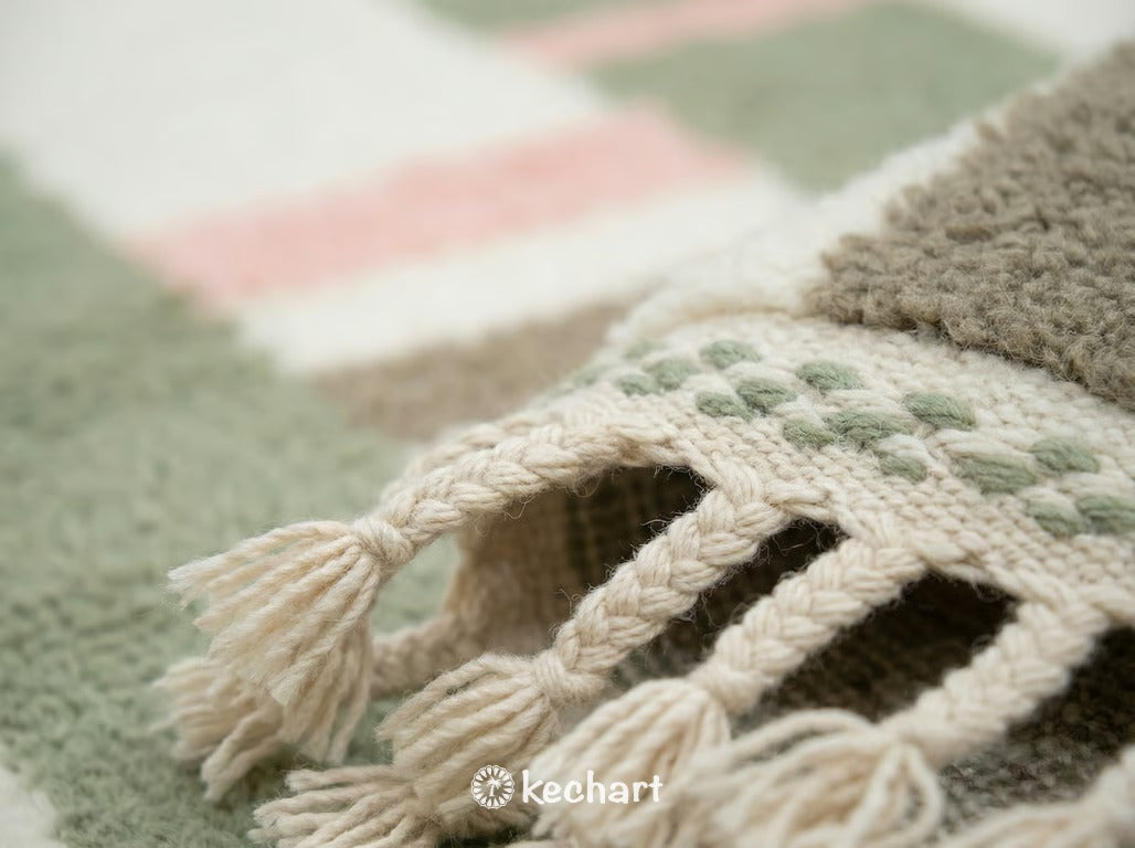 Custom Beni Ourain Rug - Handmade Moroccan Wool in Sage Green, Pink & White
