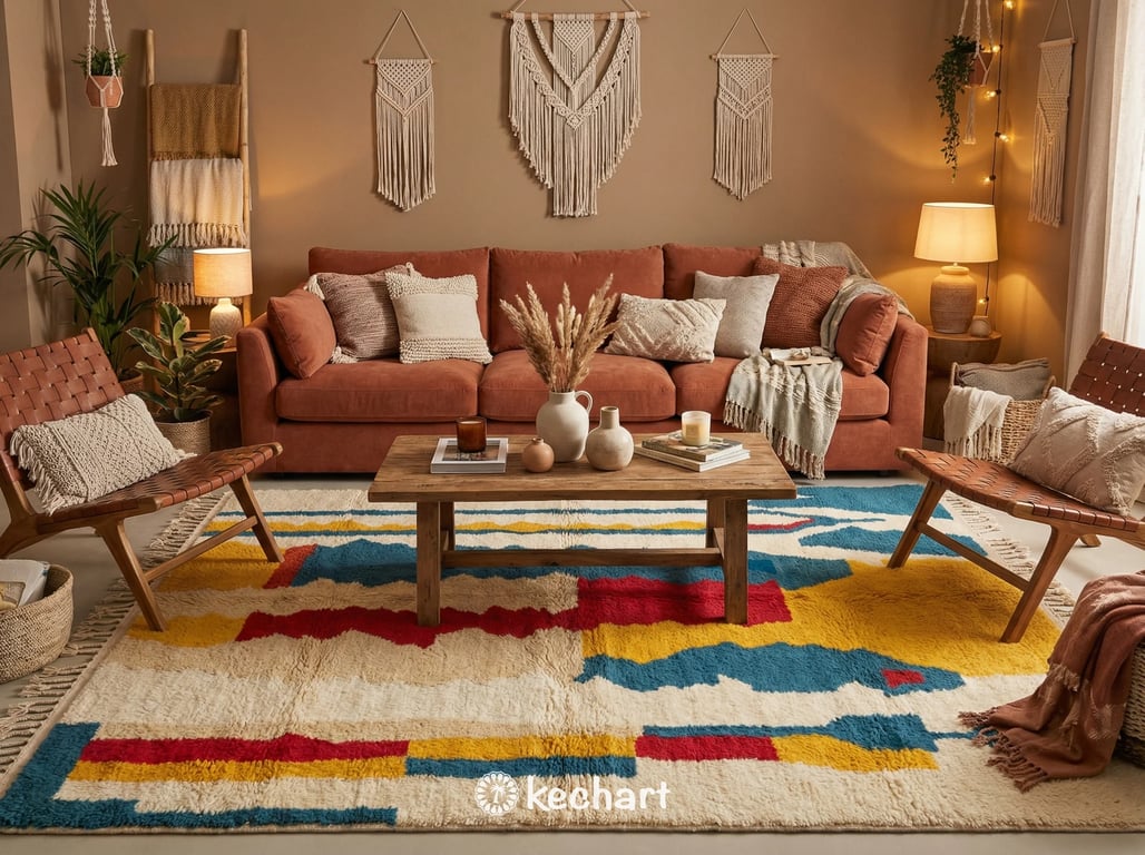 Made to order Berber rug shown in a bright nursery setting, soft wool texture safe for children with playful colorful diamond motifs.
