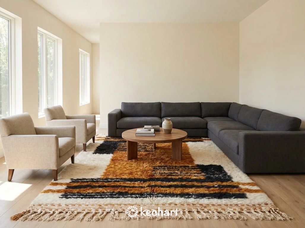 Handwoven made-to-order Berber shag rug with warm geometric patterns placed beneath a bed in a cozy, minimalist master bedroom setting.