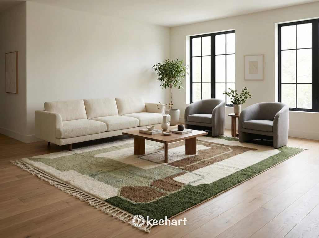 Large custom Moroccan area rug with olive and sage green diamond patterns anchoring a sophisticated, modern living room with a white linen sofa and natural wood coffee table.