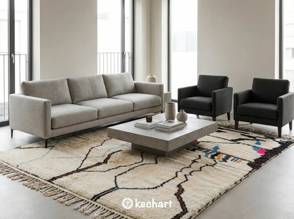 Close-up detail of the thick, hand-knotted wool pile of a custom Beni Ourain rug showing the vibrant earth tone colors and artisan craftsmanship.