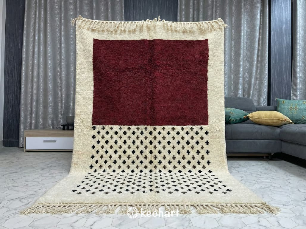 Custom Made Beni Ourain Rug - Oxblood Red & Beige Geometric Moroccan Wool