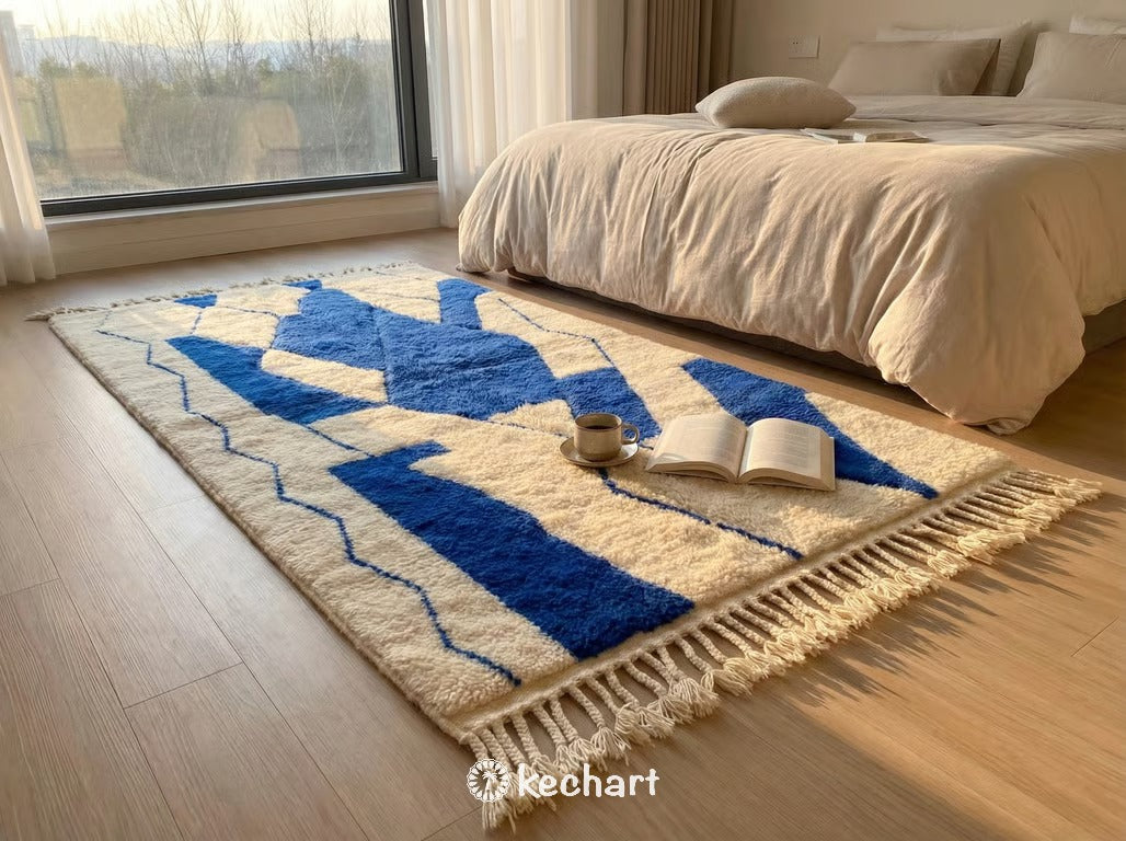Custom Beni Ourain Rug - Made to Order Moroccan Wool Rug in Cream & Cobalt Blue