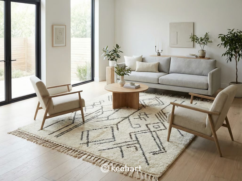 Large custom Beni Ourain area rug anchoring a minimalist living room with a white linen sofa, wooden coffee table, and abundant natural light.