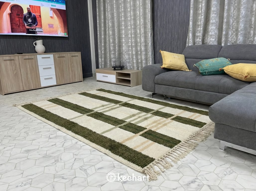 Contemporary minimalist space featuring the geometric Moroccan area rug as a focal point, contrasting earthy green colors against white walls and modern furniture.