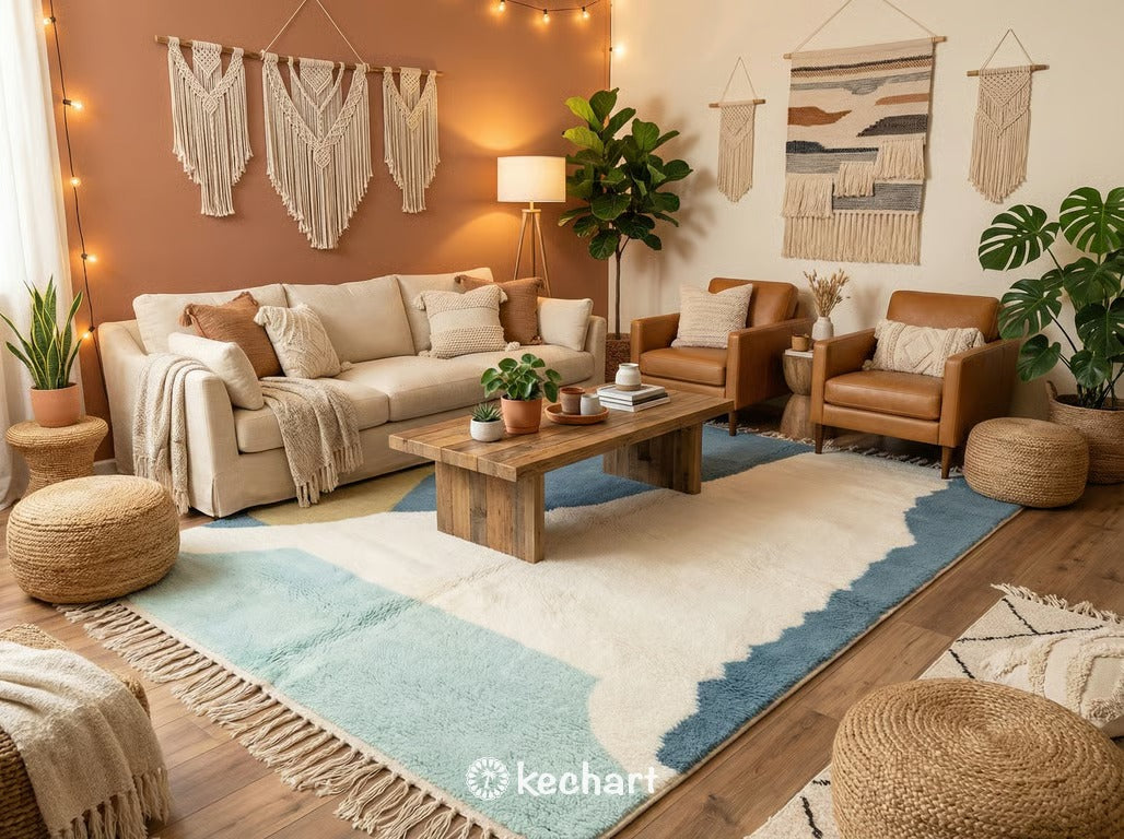 Large custom Beni Ourain area rug in a coastal style living room, anchoring a white linen sofa and light wood coffee table with its soft blue and cream geometric design.