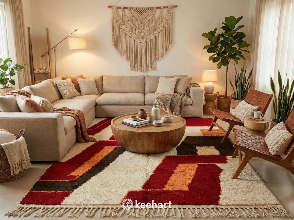 Large custom Moroccan area rug anchored in a bohemian living room, complementing a neutral sofa and warm wood furniture with its vibrant red and orange hues.