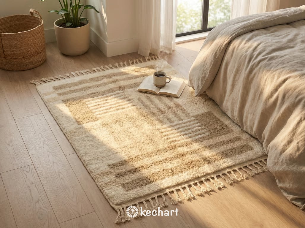 Custom Size Beni Ourain Rug - Plush Moroccan Wool Area Rug, Cream & Beige