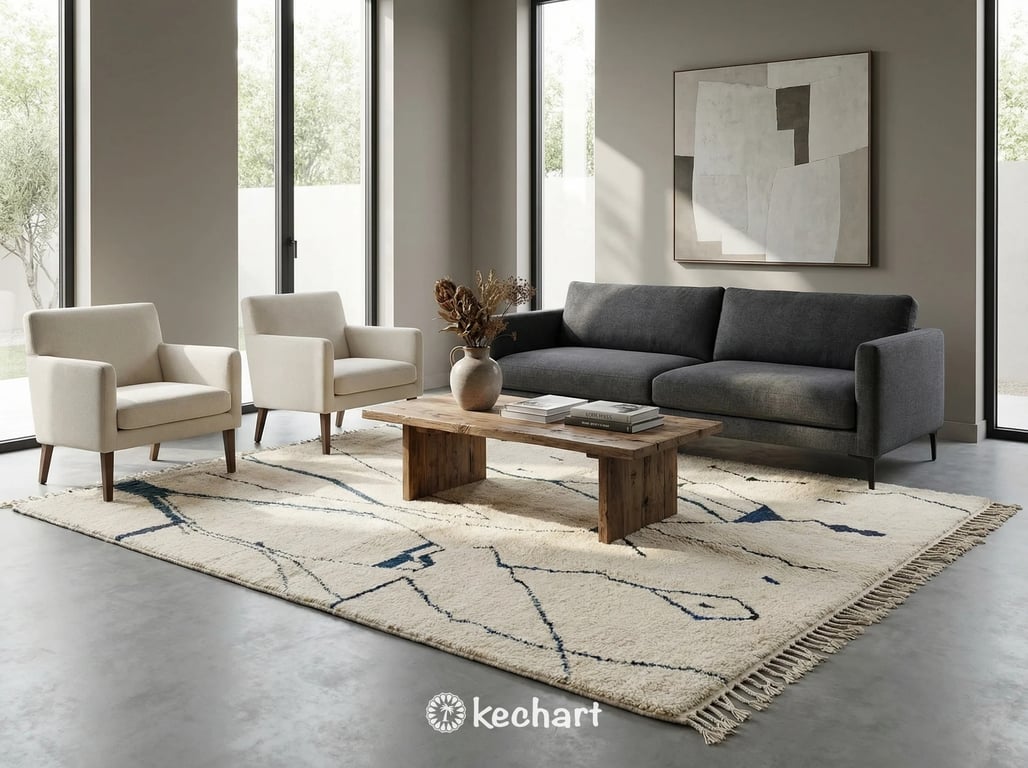 Large custom Moroccan shag rug in a minimalist living room, anchored under a linen sofa with cream and blue accents enhancing the space.