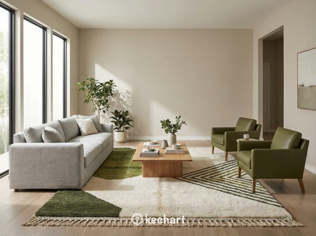 Large custom green Beni Ourain area rug anchoring a contemporary living room with a neutral linen sofa and wooden coffee table.