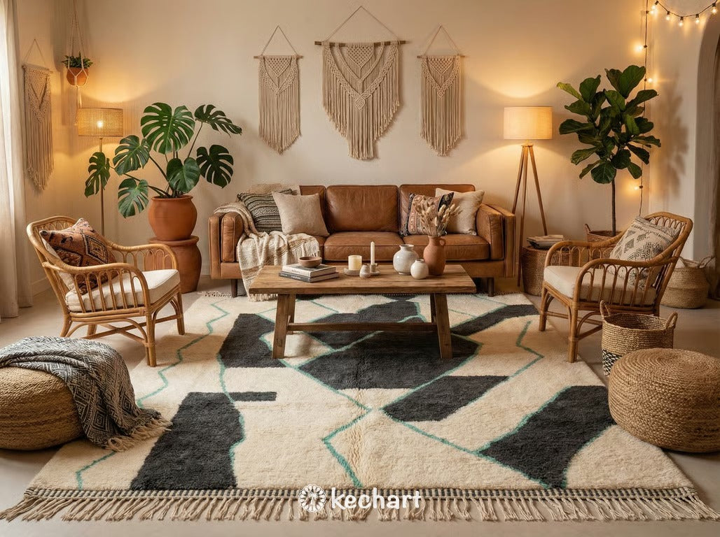 A styled vignette featuring the custom Beni Ourain rug in a bright, modern nursery, demonstrating its softness and versatile color palette.