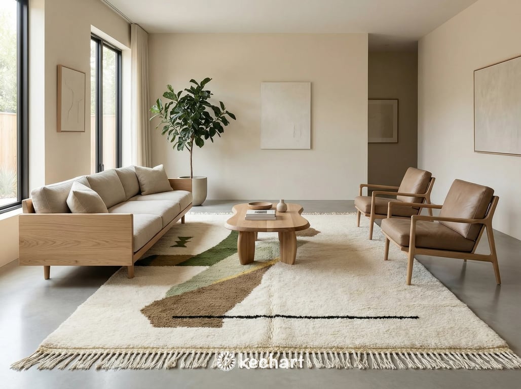 A large custom olive and sage green Beni Ourain area rug anchoring a modern living room with a neutral linen sofa and wooden coffee table.