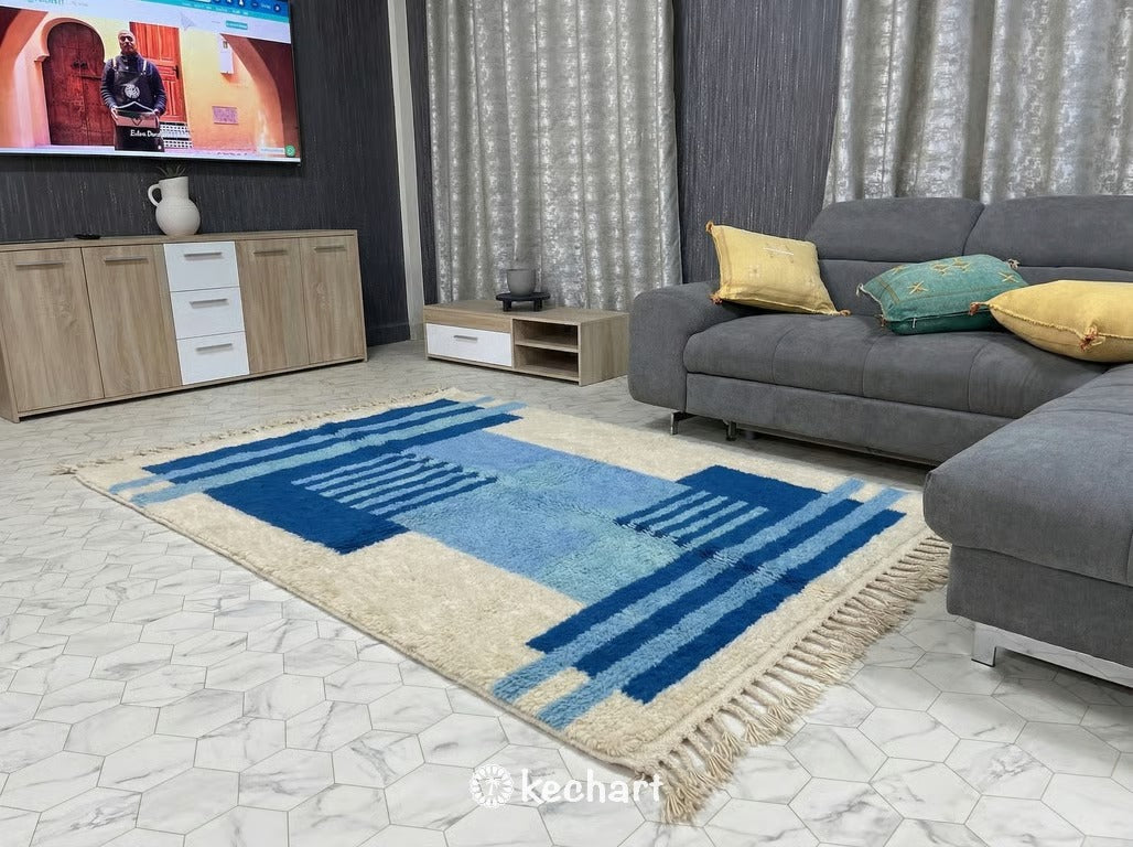 Custom Beni Ourain Rug - Handwoven Cream & Blue Wool - Made to Order