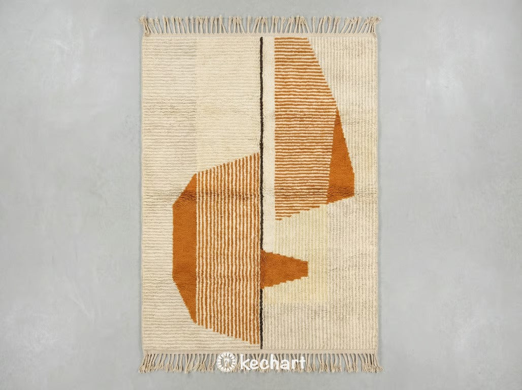 Custom made Beni Ourain Moroccan rug flat lay showing plush wool texture and geometric diamond pattern in warm gold flame, toffee, and popcorn tones with traditional fringe.