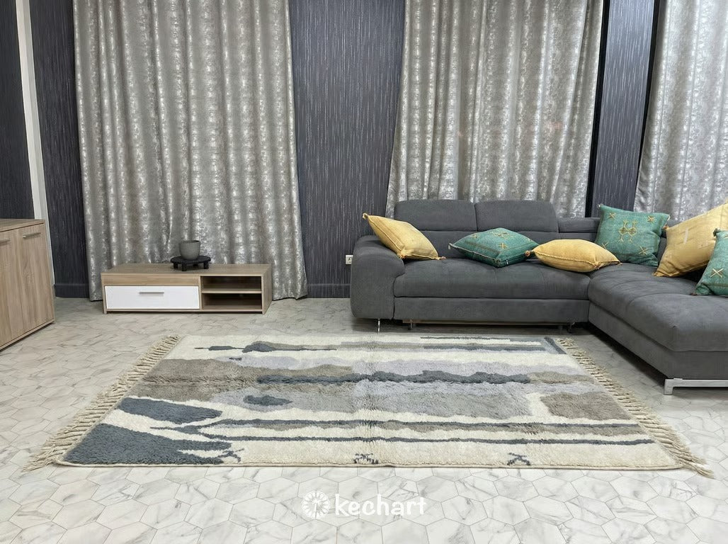 Custom Size Beni Ourain Rug - Handwoven Moroccan Wool in Grey & Soft White Diamonds