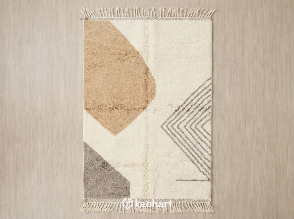 Custom size Beni Ourain Moroccan rug handwoven from plush natural wool with cream base, warm grey and beige geometric diamond patterns and traditional fringe.