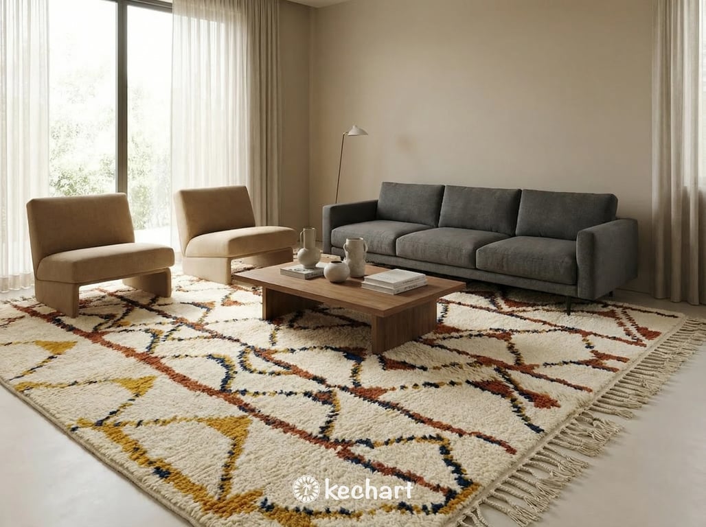 Large custom Moroccan area rug in a bohemian living room setting. Plush rust and cream wool rug anchoring a cozy seating area with a neutral sofa and wooden accents.