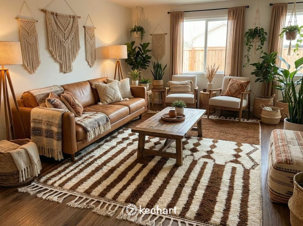 Luxurious leather brown Beni Ourain shag rug anchoring a modern bohemian living room setting with a neutral linen sofa and rustic wooden coffee table.