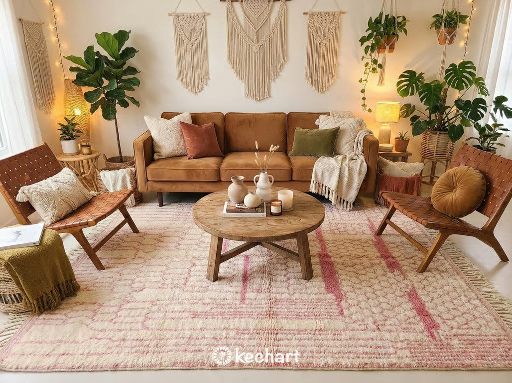 Plush Cream and Pink Beni Ourain Area Rug Under a King Size Bed in a Cozy Minimalist Master Bedroom Setting