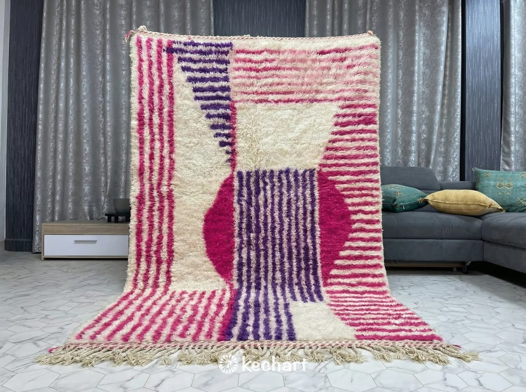 Large custom Moroccan area rug in a modern bohemian living room anchoring a white linen sofa and wooden coffee table