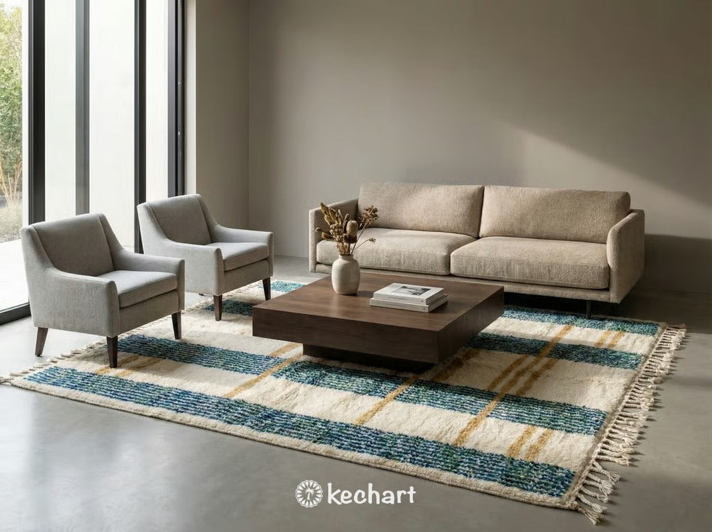 Close-up detail of hand-knotted wool fibers and traditional fringe on a made-to-order colorful Moroccan Beni Ourain rug.