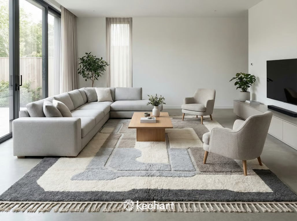 Large custom made Moroccan shag rug covering a spacious open-plan dining and living area, demonstrating scale and texture.