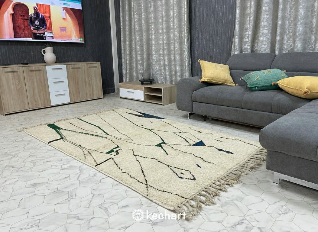 Custom Beni Ourain Rug - Handwoven Moroccan Wool, Cream & Sapphire Blue