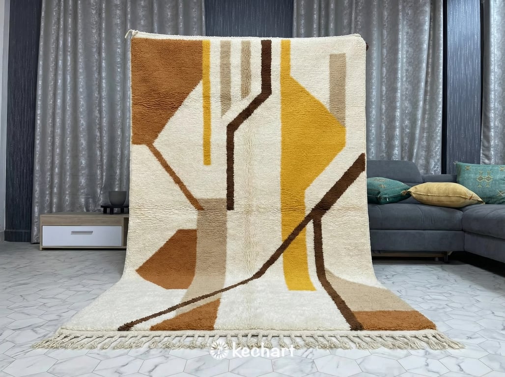 Detail shot focusing on the deep wool pile and traditional hand-knotted fringe of a made-to-order Beni Ourain rug in warm sierra and sandy beige hues.