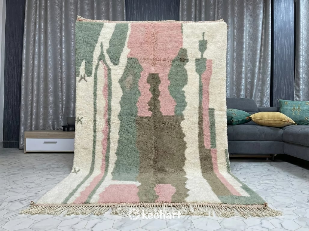 Custom Beni Ourain Rug - Handwoven Sage Green & Pink Wool - Made to Order