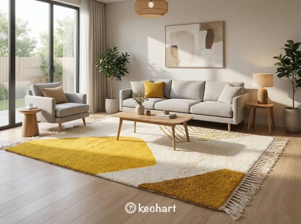 Handwoven Moroccan Beni Ourain area rug in cream and warm yellow tones grounding a contemporary living room with a neutral linen sofa and wooden coffee table.